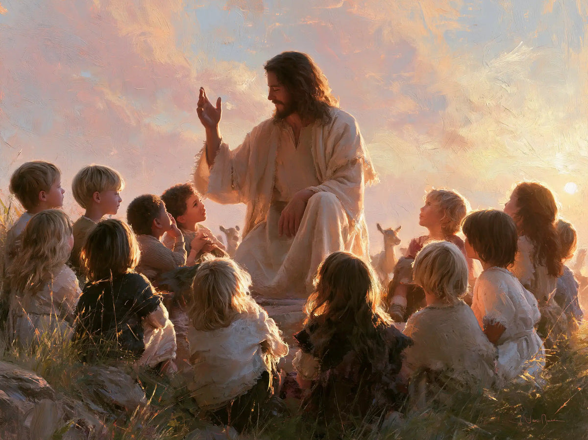 Jesus and the Children — The Pale Gesture beneath the Pastel Clouds