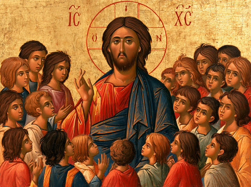 Jesus and the children in a contemporary Byzantine icon in Contemporary Byzantine style, landscape Christian artwork no. 1