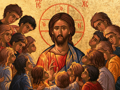 Jesus and the children in a contemporary Byzantine icon in Contemporary Byzantine style, landscape Christian artwork no. 2