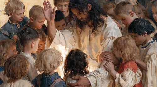 Jesus surrounded by children in an expressionist composition in Expressionist style, landscape Christian artwork no. 6