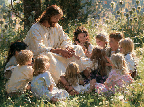 Jesus with children in an impressionist atmosphere in Impressionist style, landscape Christian artwork no. 5