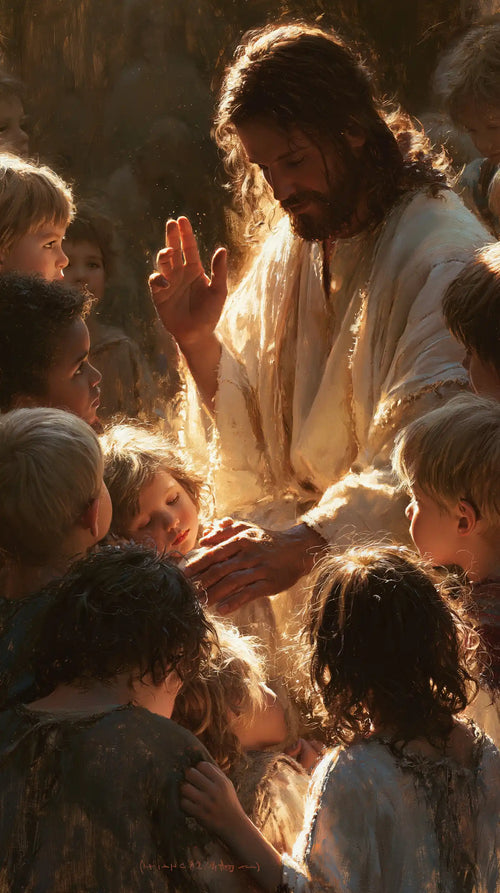 Jesus as divine light among the children in Jesus as Divine Light style, portrait Christian artwork no. 5
