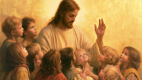 Jesus welcoming children in radiant golden light in Sacred Gold style, landscape Christian artwork no. 12
