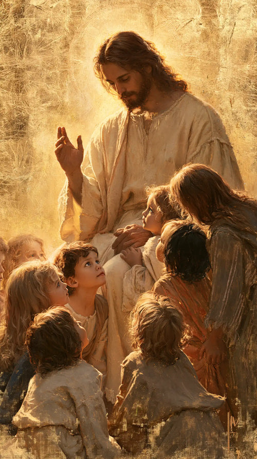Jesus welcoming children in radiant golden light in Sacred Gold style, portrait Christian artwork no. 2
