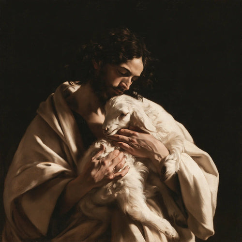 Jesus with a lamb in dramatic chiaroscuro in Caravaggio Tenebrism style, square Christian artwork no. 3
