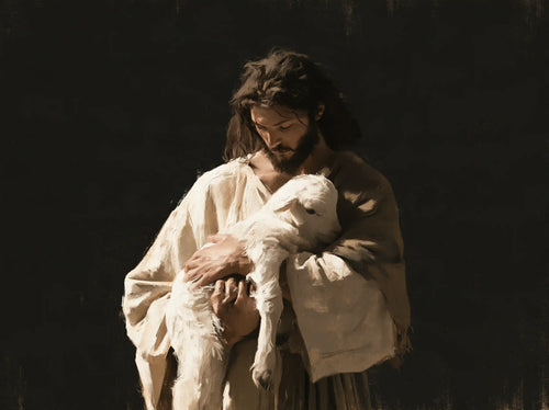 Jesus and the lamb in a minimalist composition in Contemporary Minimalism style, landscape Christian artwork no. 2