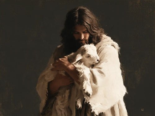 Jesus and the lamb in a minimalist composition in Contemporary Minimalism style, landscape Christian artwork no. 8