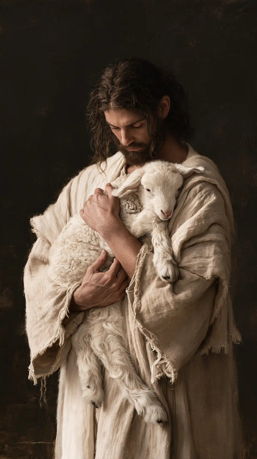 Jesus and the lamb in a minimalist composition in Contemporary Minimalism style, portrait Christian artwork no. 2