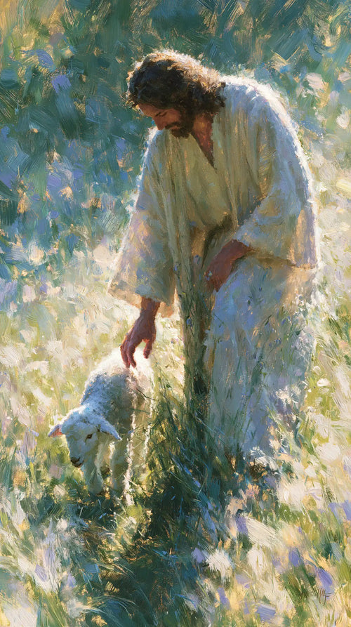 Jesus with a lamb in an impressionist pastoral scene in Impressionist style, portrait Christian artwork no. 7