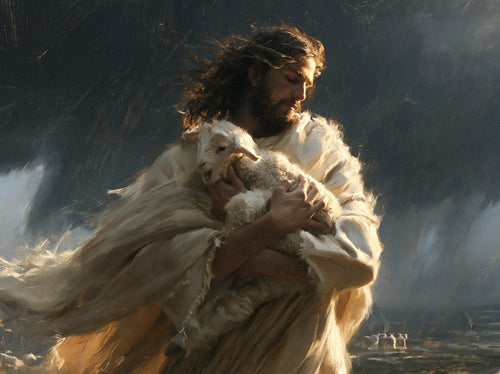 Jesus protecting a lamb in Jesus Protecting the Lamb style, landscape Christian artwork no. 1