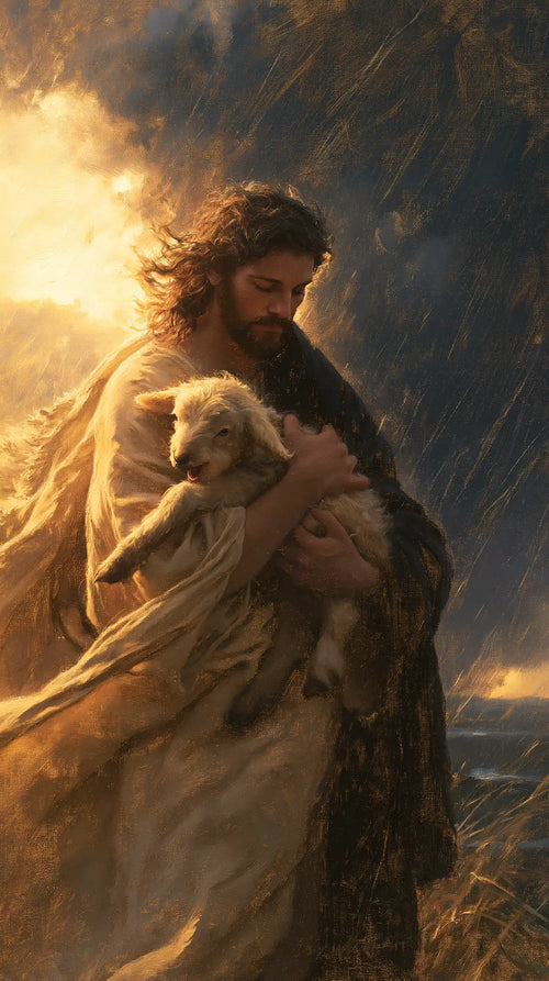 Jesus protecting a lamb in Jesus Protecting the Lamb style, portrait Christian artwork no. 8