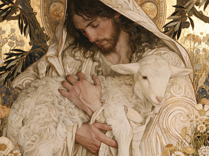 Jesus and the Lamb — Refuge Beneath the Embroidered Hood