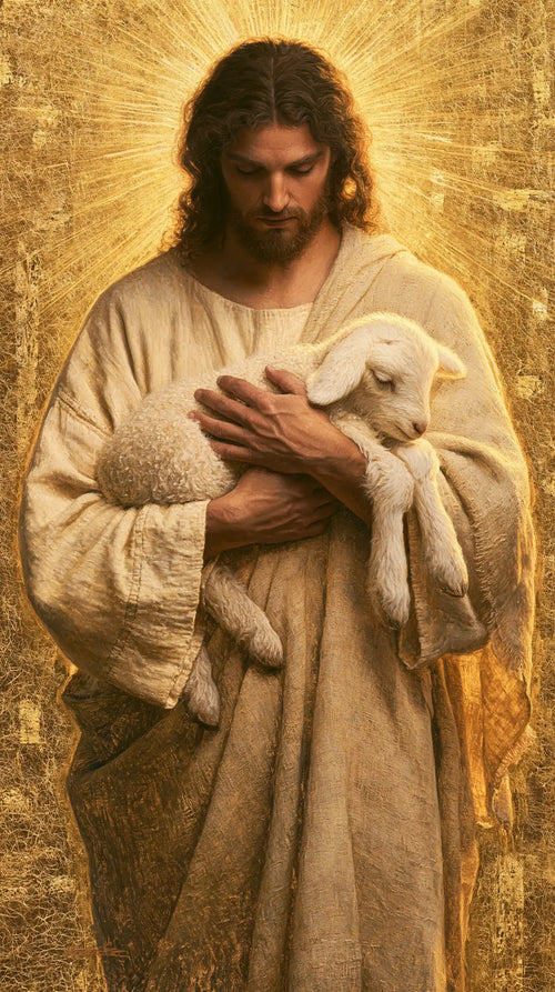 Jesus with a lamb in sacred golden light in Sacred Gold style, portrait Christian artwork no. 2