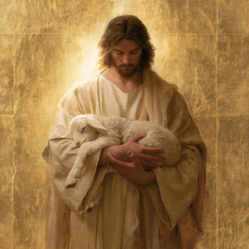 Jesus with a lamb in sacred golden light in Sacred Gold style, square Christian artwork no. 4