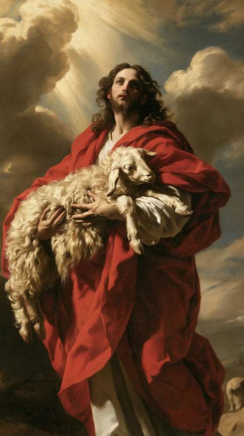 Jesus protecting a lamb in a theatrical Baroque scene in Theatrical Baroque style, portrait Christian artwork no. 8