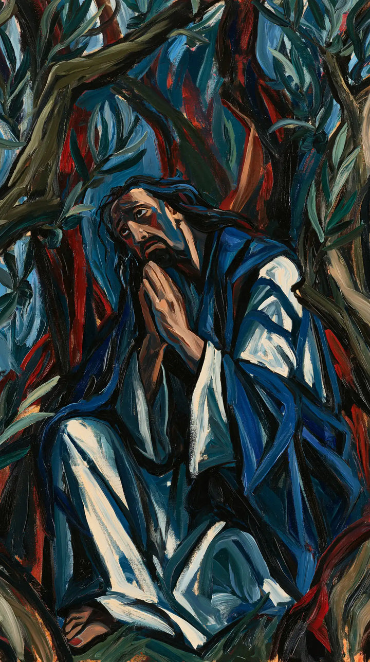 Jesus in Gethsemane — Silver Folds beneath Red Branches