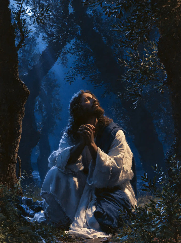 Jesus in Gethsemane — The Gaze beneath Midnight Leaves