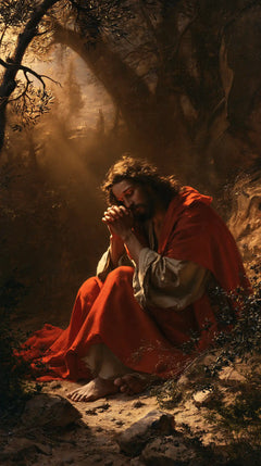 Jesus in Gethsemane — The Scarlet Cloak beneath Veiled Light
