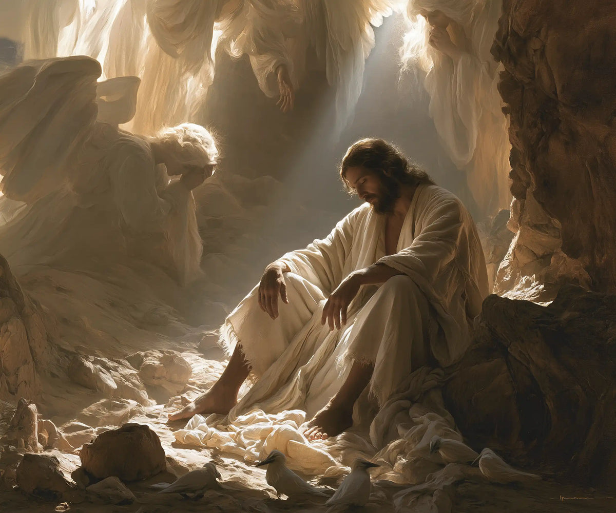 angels ministering to Jesus after the temptation in Angels After the Temptation style, landscape Christian artwork no. 5