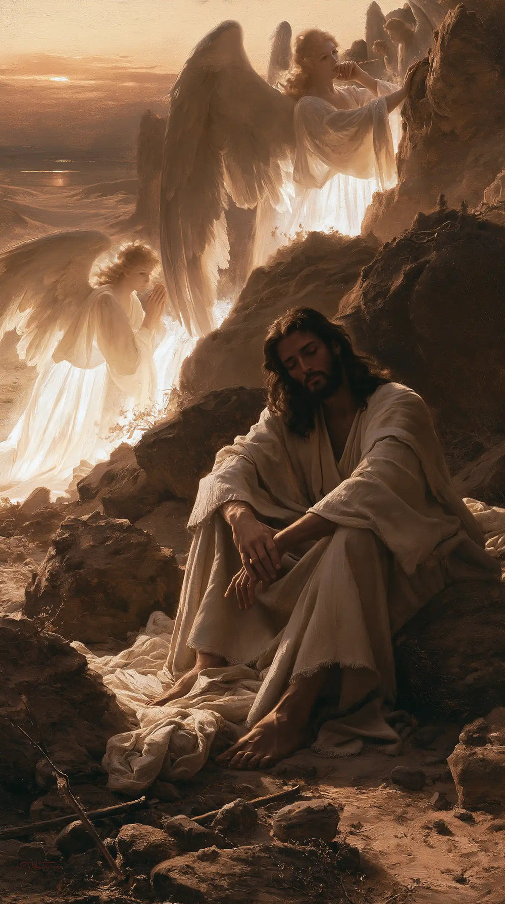 angels ministering to Jesus after the temptation in Angels After the Temptation style, portrait Christian artwork no. 2