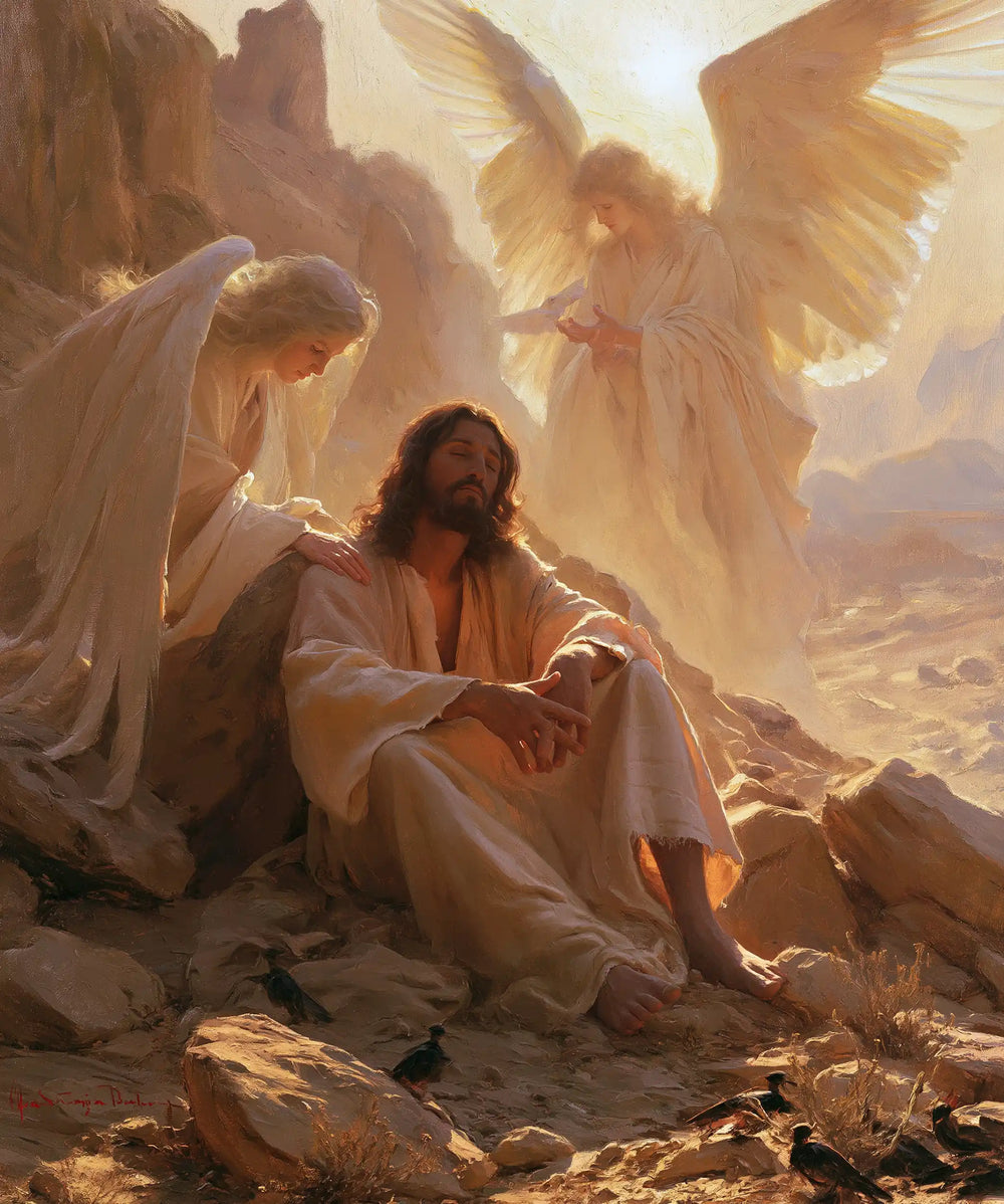 angels ministering to Jesus after the temptation in Angels After the Temptation style, portrait Christian artwork no. 40