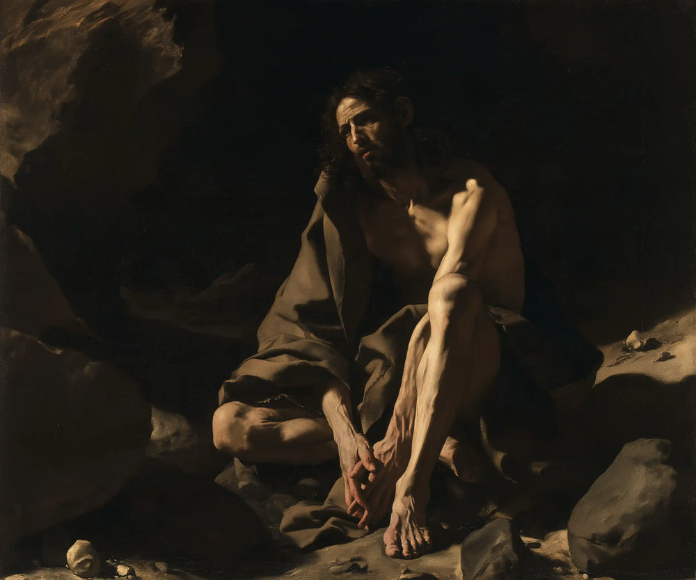 Jesus in the desert during the temptation in Caravaggio Tenebrism style, landscape Christian artwork no. 3