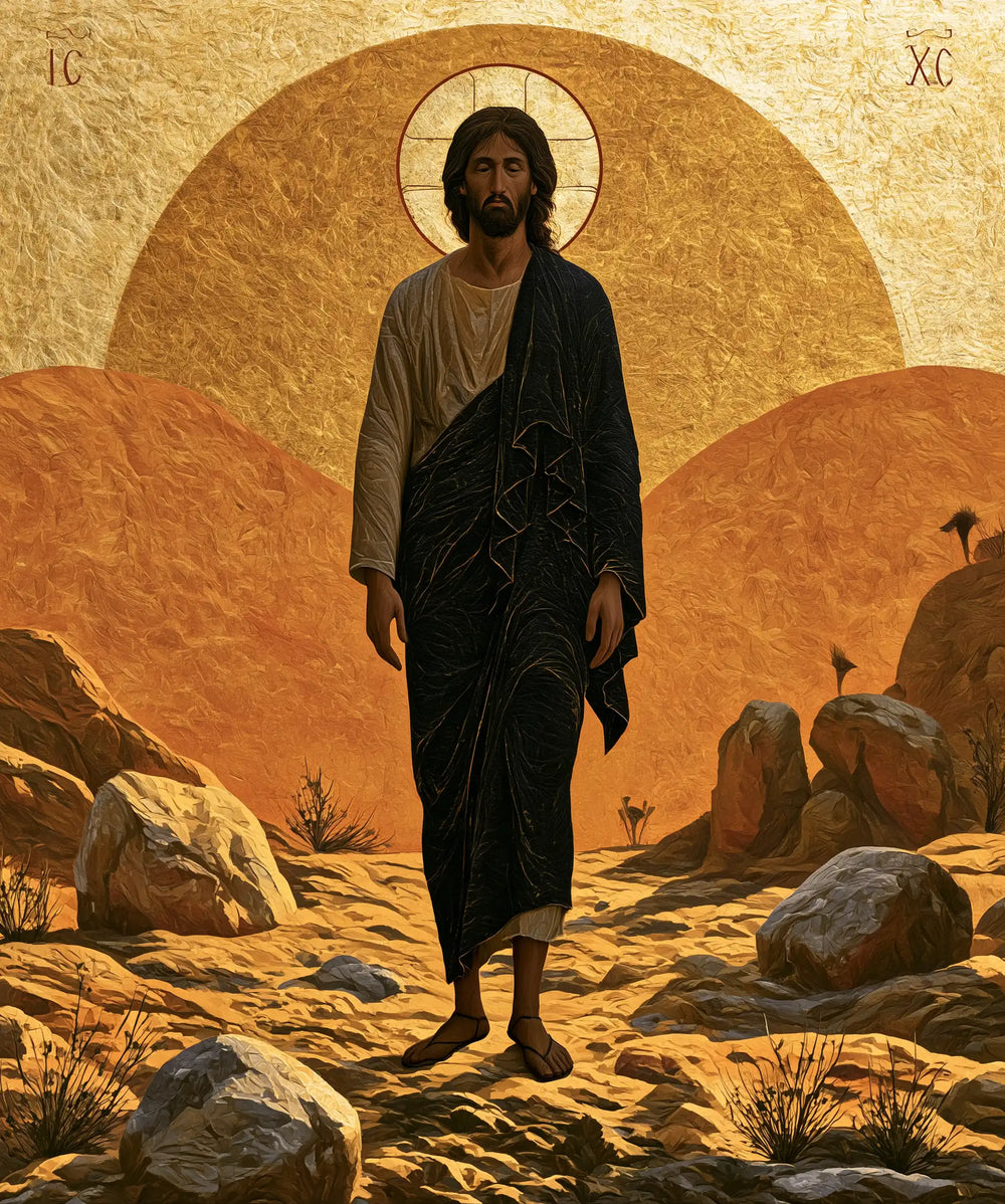 Jesus in the desert during the temptation in Contemporary Byzantine style, portrait Christian artwork no. 41