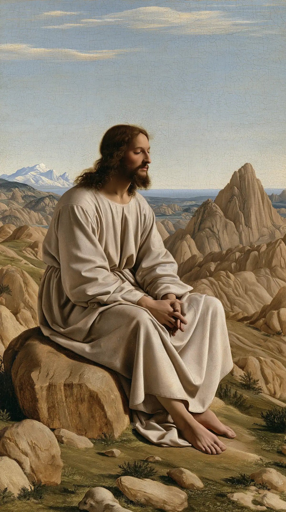 Jesus in the desert during the temptation in Florentine Renaissance style, portrait Christian artwork no. 28