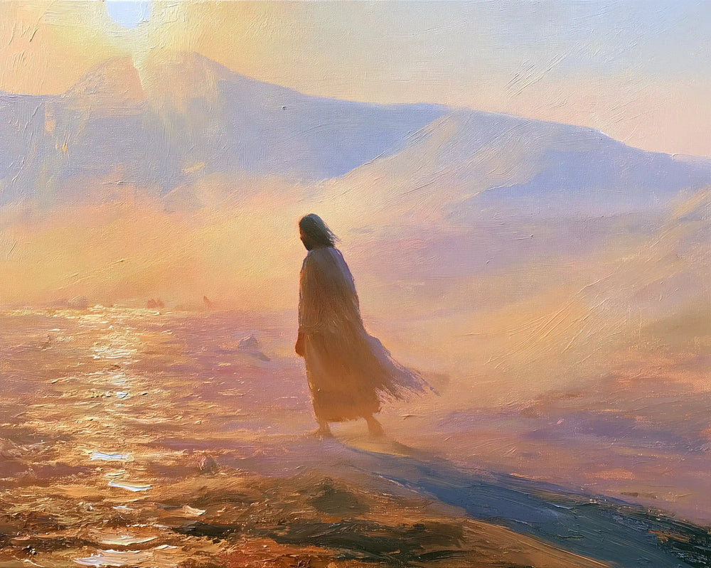 Jesus in the desert during the temptation in Impressionist style, landscape Christian artwork no. 3