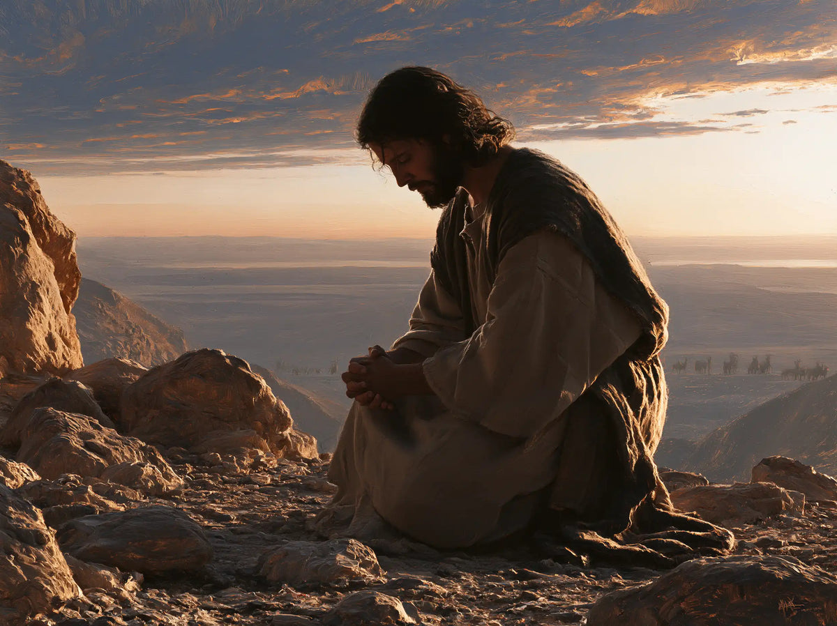 Jesus praying alone in the desert in Jesus in Prayer style, landscape Christian artwork no. 11