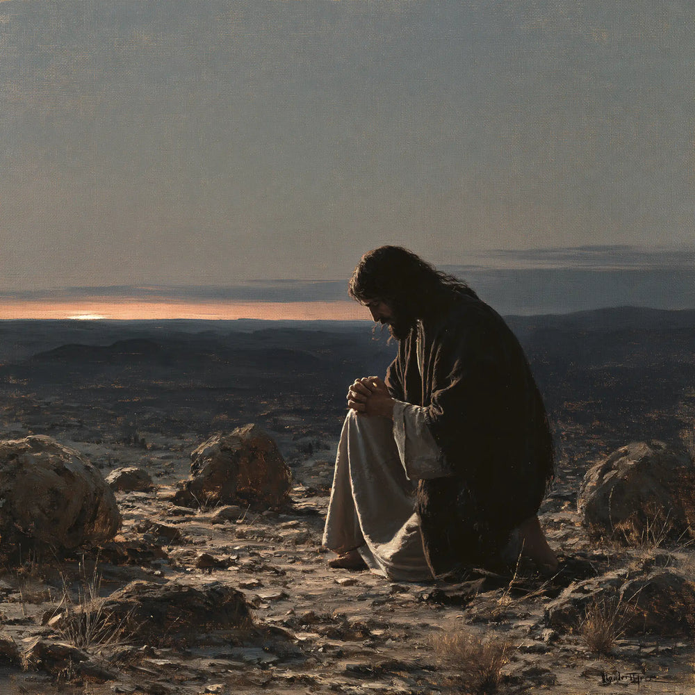 Jesus praying alone in the desert in Jesus in Prayer style, square Christian artwork no. 2
