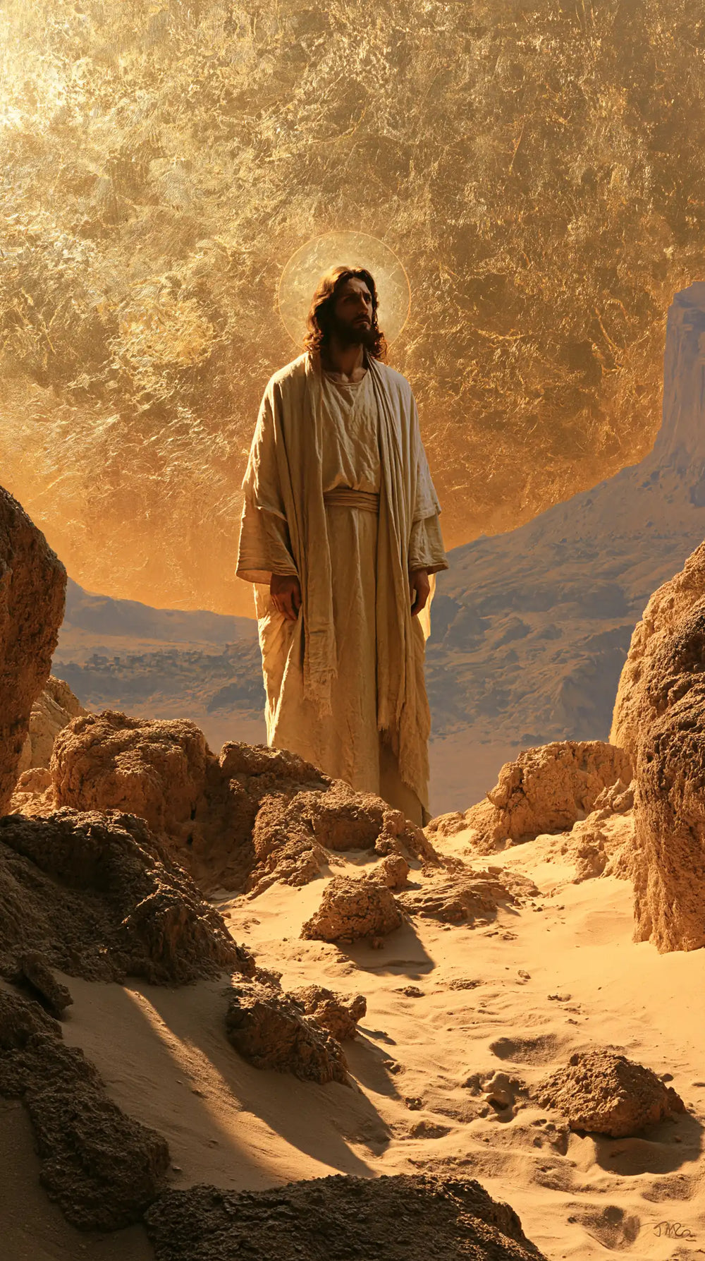 Jesus in the desert during the temptation in Sacred Gold style, portrait Christian artwork no. 8
