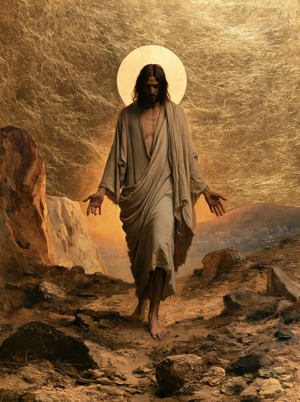 Jesus in the desert during the temptation in Sacred Gold style, portrait Christian artwork no. 29