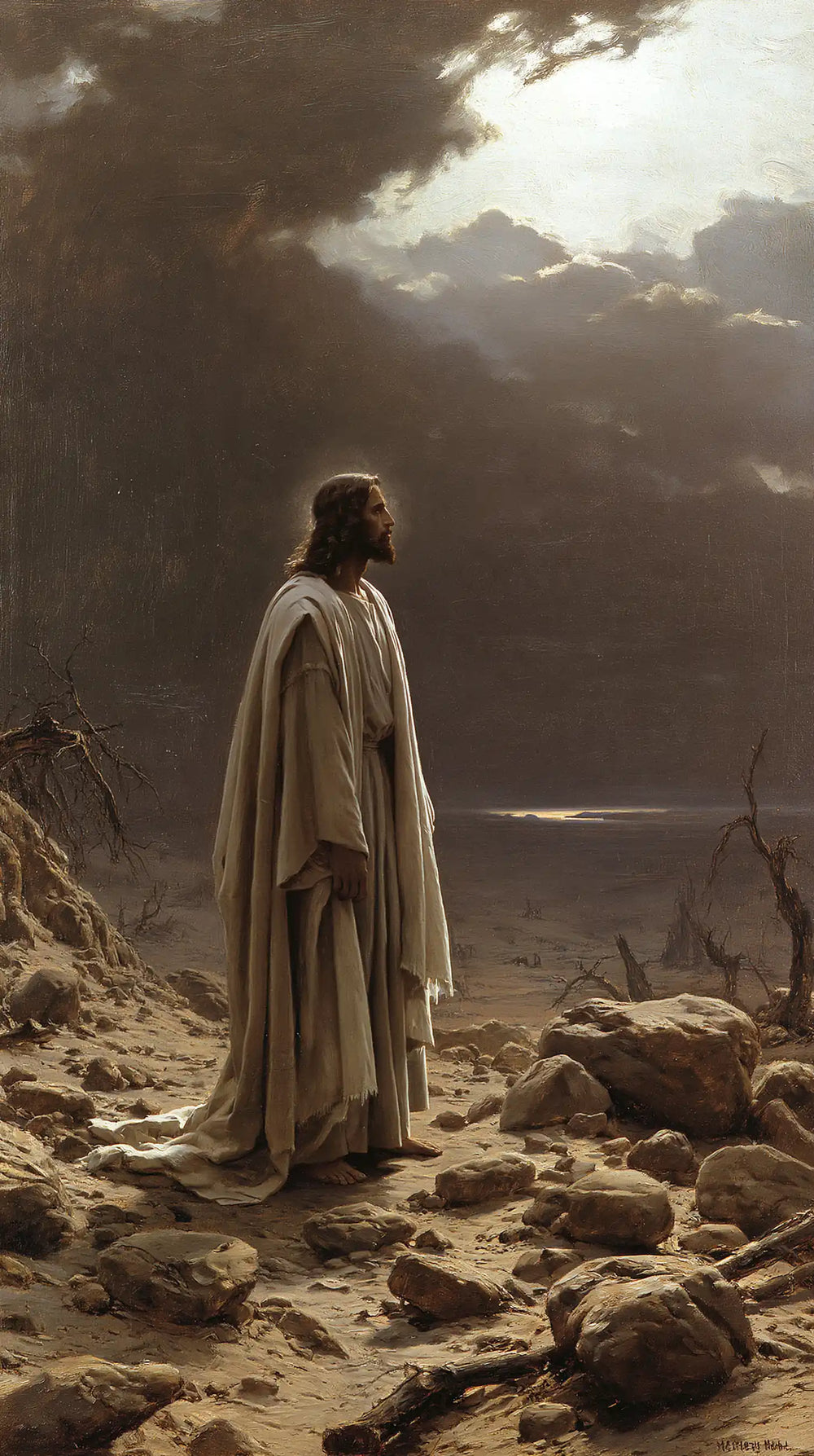 Jesus in the desert during the temptation in Symbolist style, portrait Christian artwork no. 7