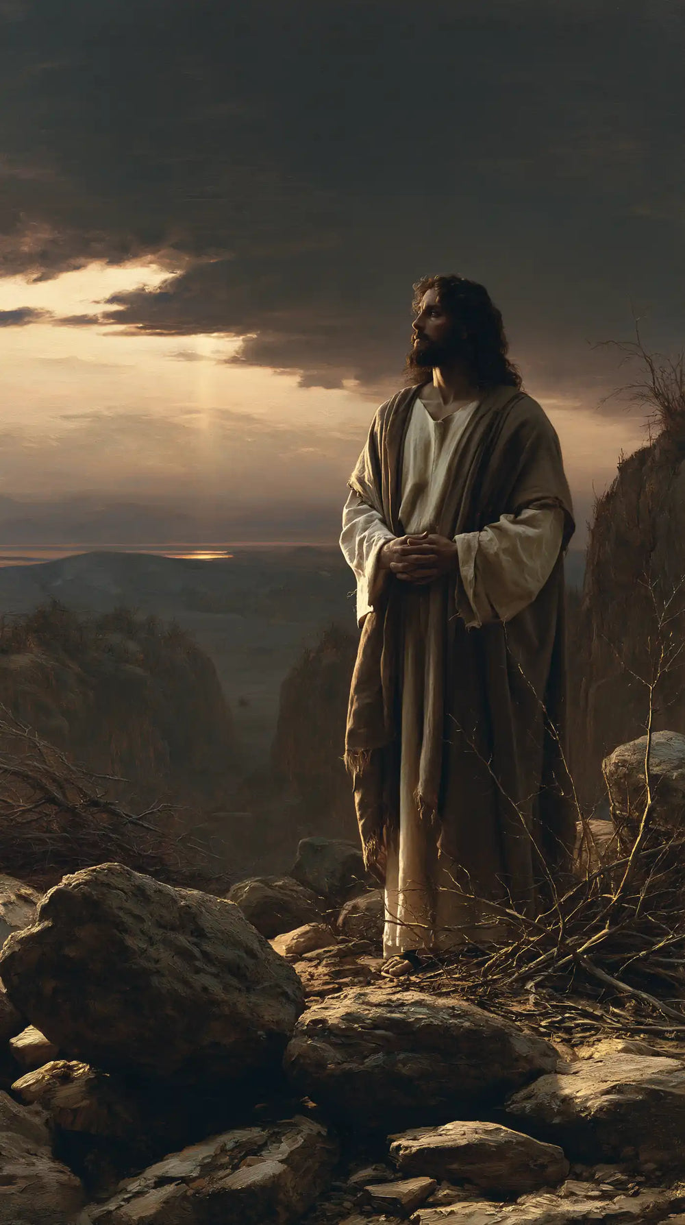 Jesus in the desert during the temptation in Symbolist style, portrait Christian artwork no. 17
