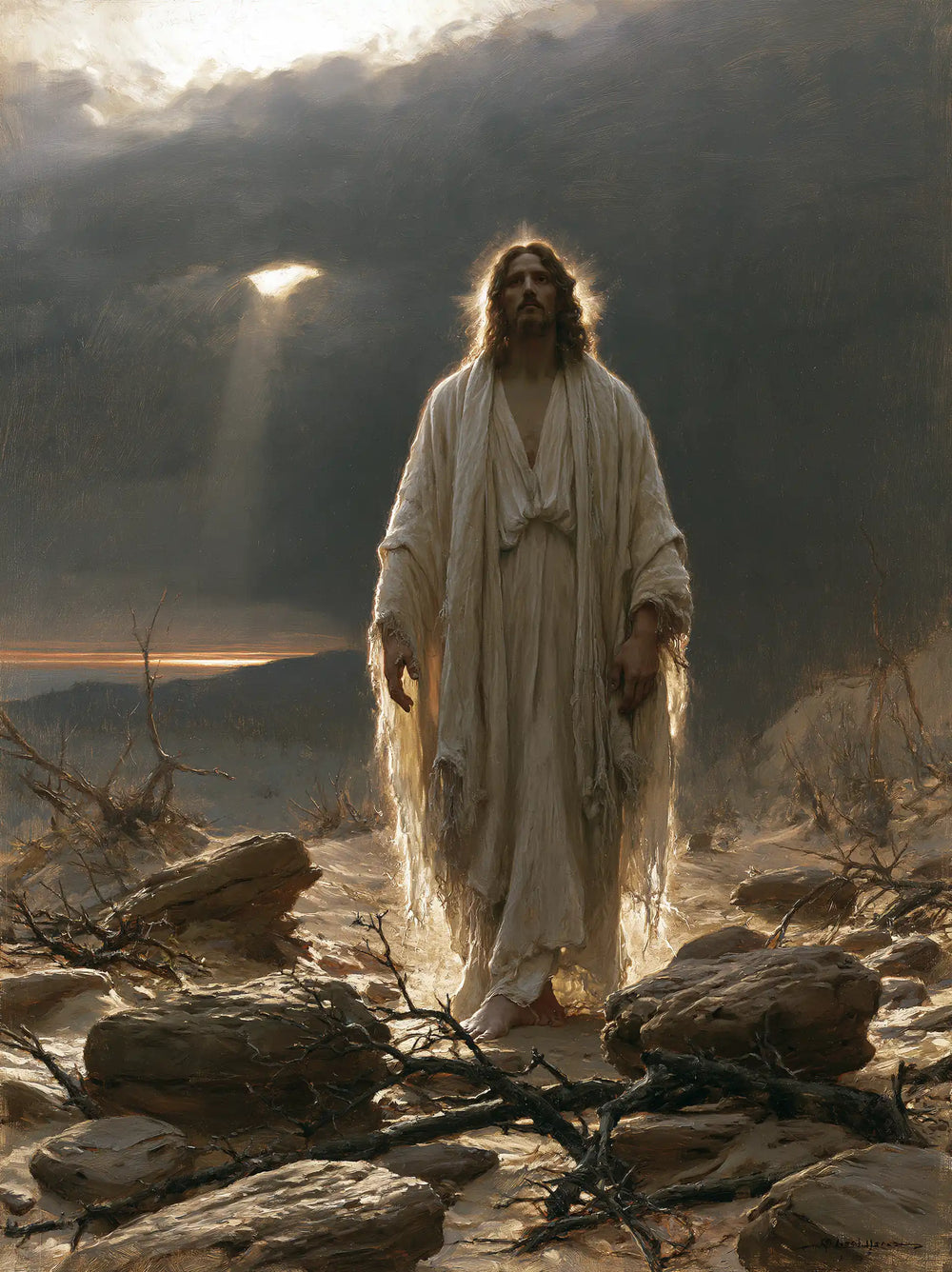Jesus in the desert during the temptation in Symbolist style, portrait Christian artwork no. 28