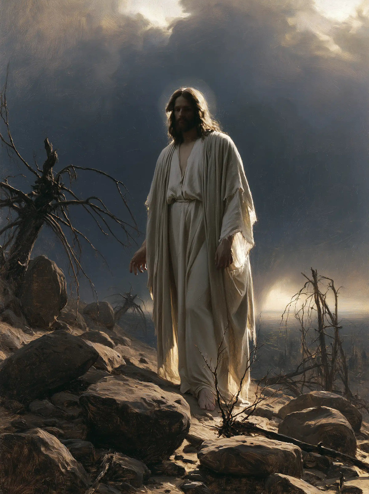 Jesus in the Desert — Peaceful Hands among the Bare Trees