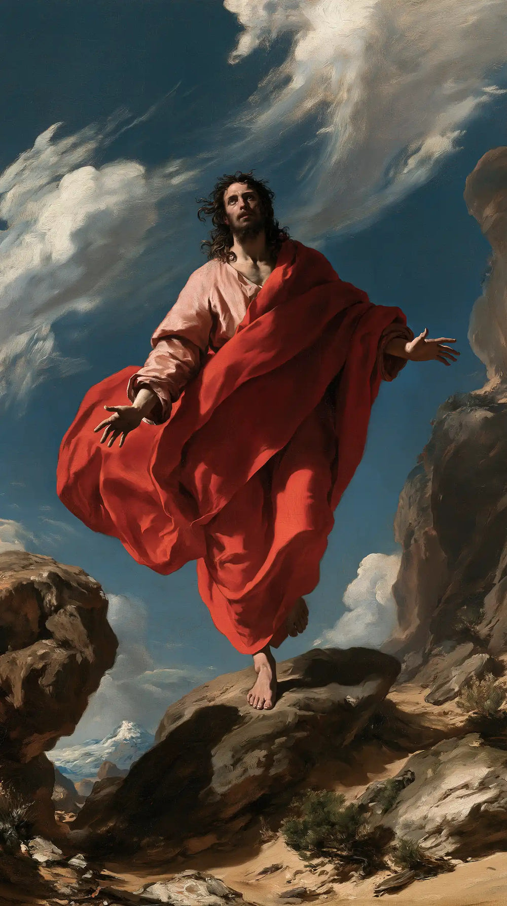 Jesus in the desert during the temptation in Theatrical Baroque style, portrait Christian artwork no. 2
