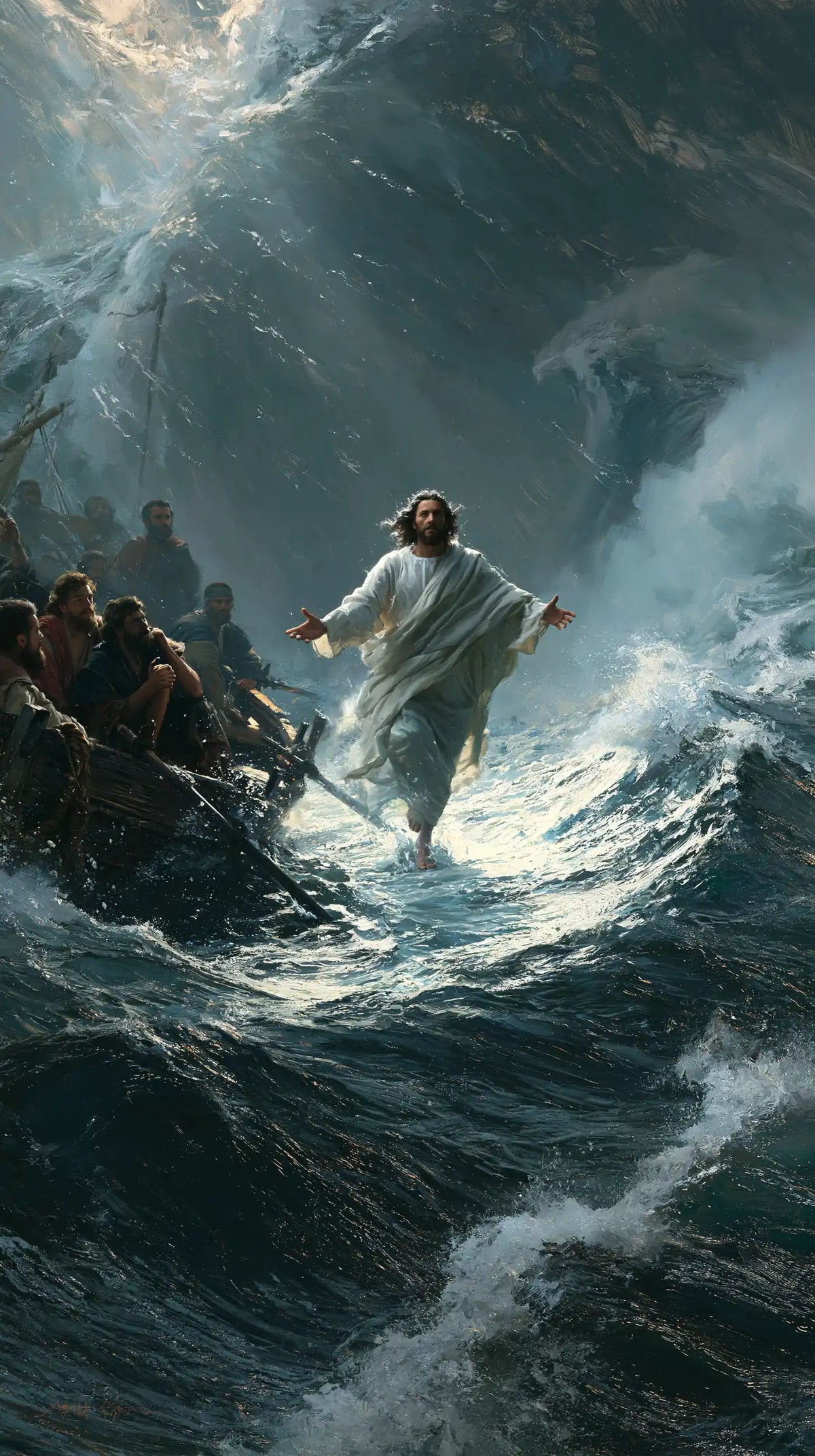 Jesus walking on water in Explosion of Movement style, portrait Christian artwork no. 7