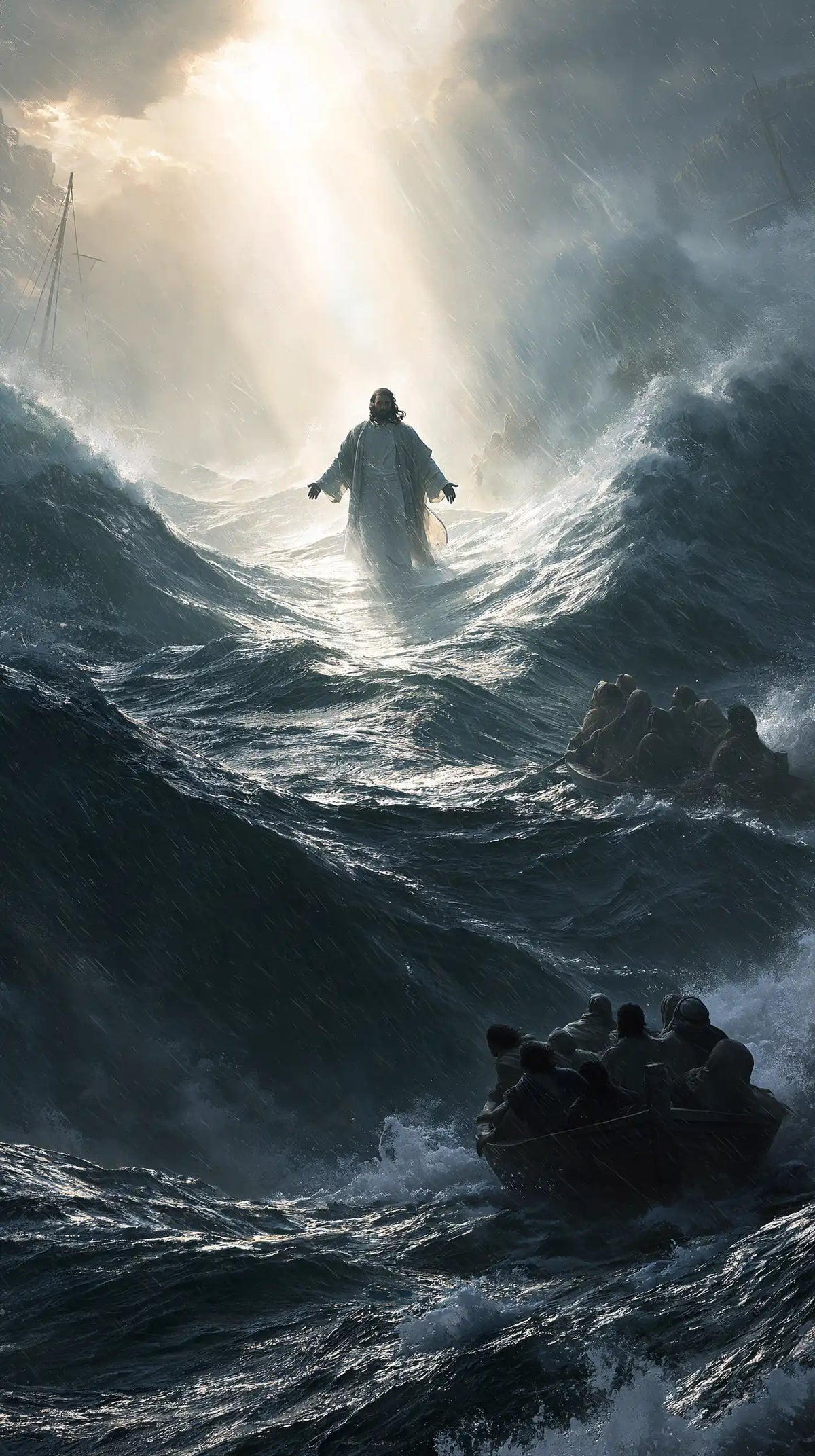 Jesus walking on water in Explosion of Movement style, portrait Christian artwork no. 35