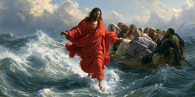 Jesus Walking on Water — Vivid Red before the White Wave