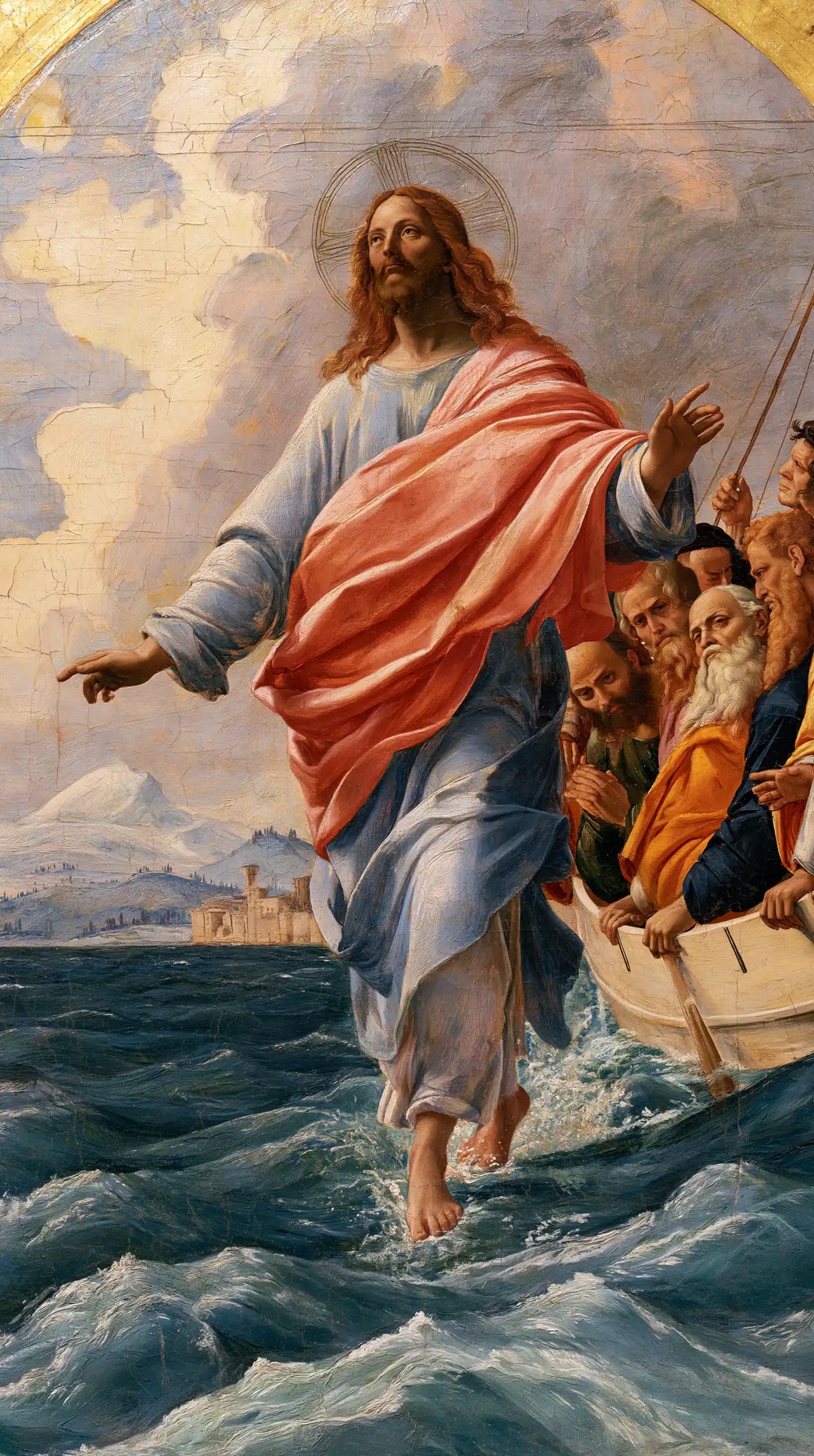 Jesus walking on water in Florentine Renaissance style, portrait Christian artwork no. 11