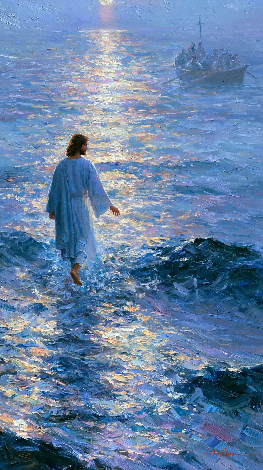 Jesus walking on water in Impressionist style, portrait Christian artwork no. 5