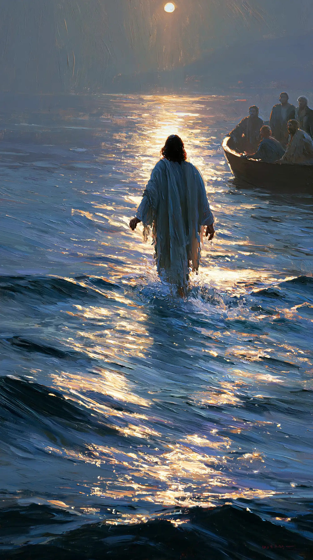 Jesus walking on water in Impressionist style, portrait Christian artwork no. 13