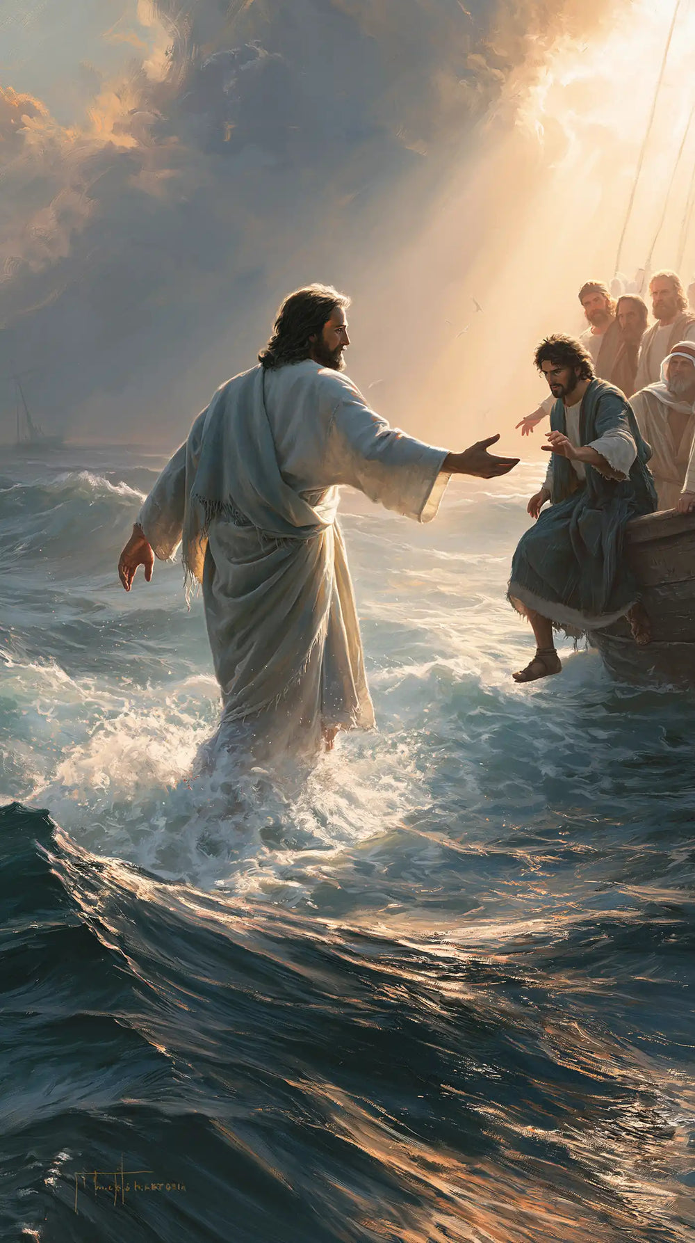 Jesus walking on water and calling Peter in Jesus Calls Peter style, portrait Christian artwork no. 2