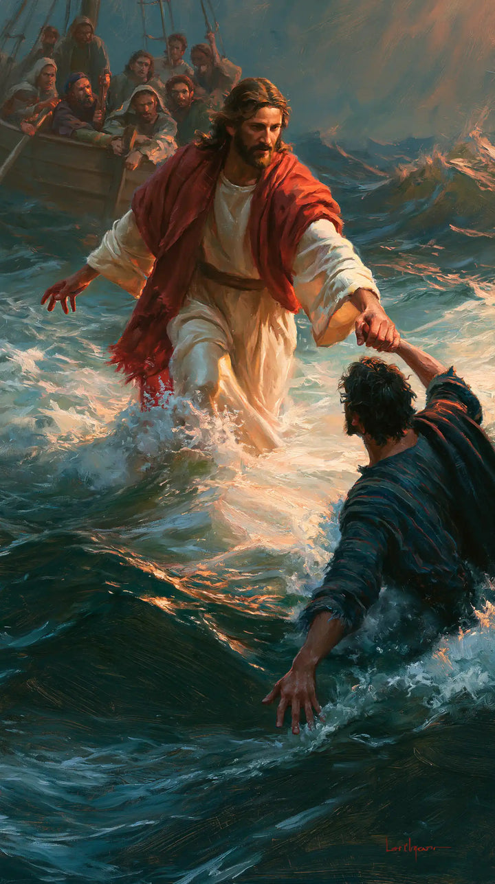 Jesus Walking on Water — Red above the Raised Hand