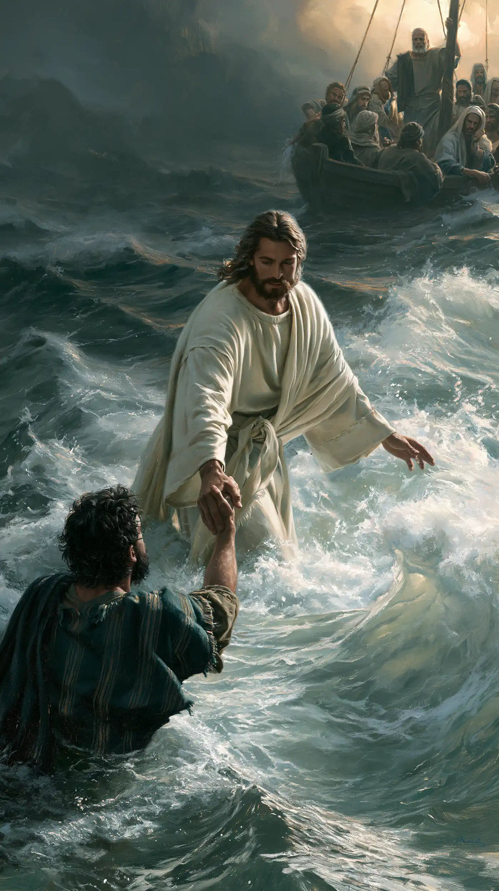 Jesus walking on water and saving Peter in Jesus Saves Peter style, portrait Christian artwork no. 7