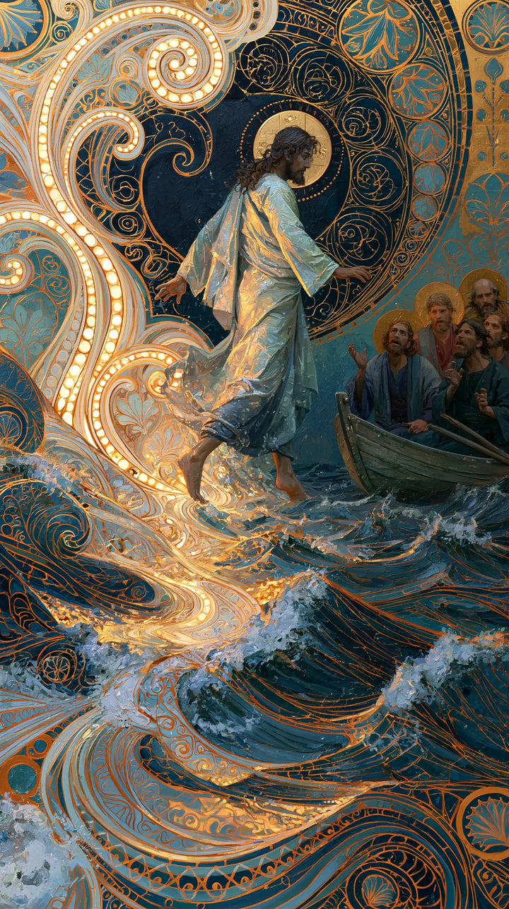 Jesus Walking on Water — The Golden Path beneath the Midnight Medallion
