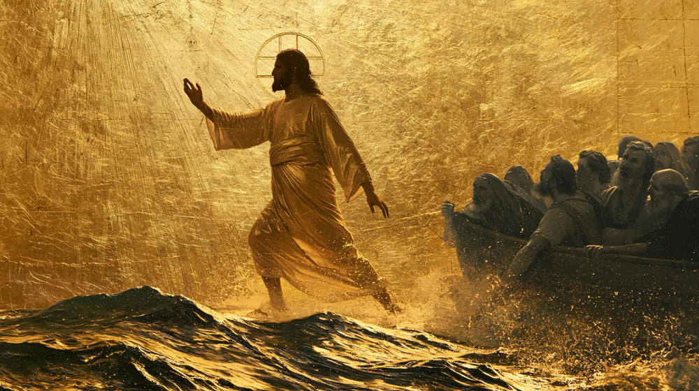 Jesus walking on water in Sacred Gold style, landscape Christian artwork no. 7