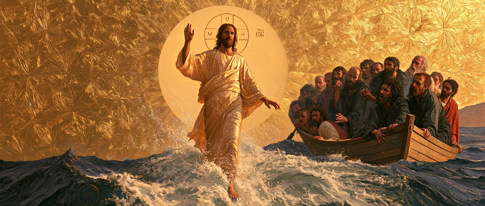 Jesus walking on water in Sacred Gold style, landscape Christian artwork no. 25